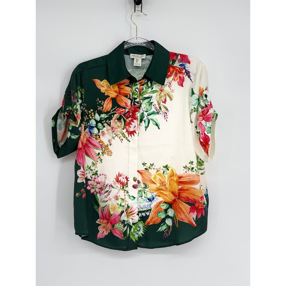 Rachel Zoe Womens Green Floral Tropical Short Sleeve Button Down Blouse Sz S